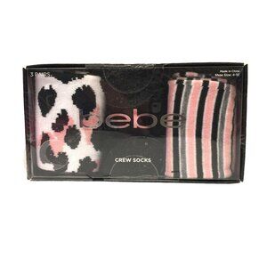 bebe Ladies Crew Socks Set of 3 Size 4-10 Pink Black Gray Cheetah Stripes